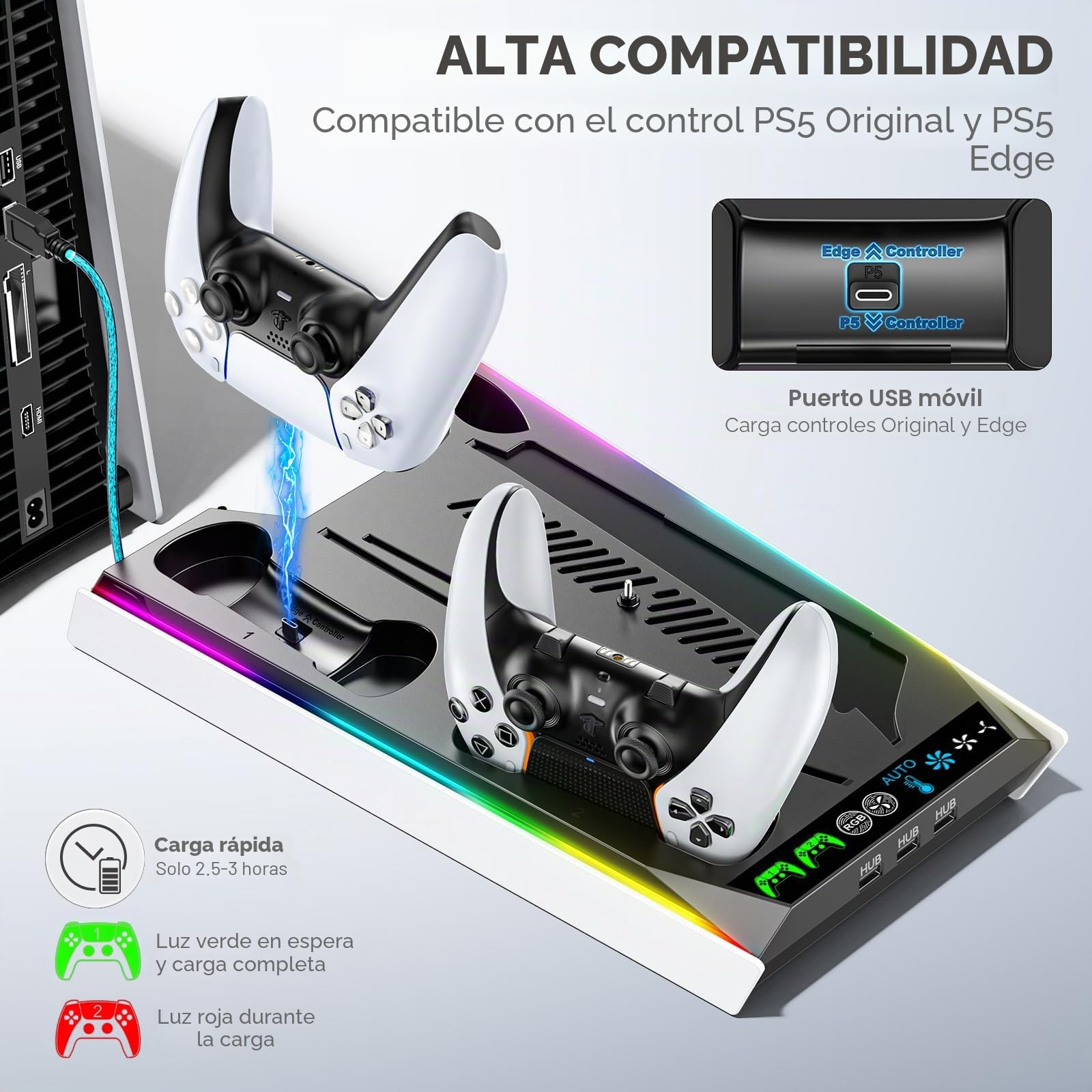 Soporte para PS5/Pro/Slim y Refrigeración para PS 5 Disc & Digital, Cargador para PS5 & Edge Mando, Ventilador Automático PlayStation 5 de 3 Velociadades 3 USB HUB