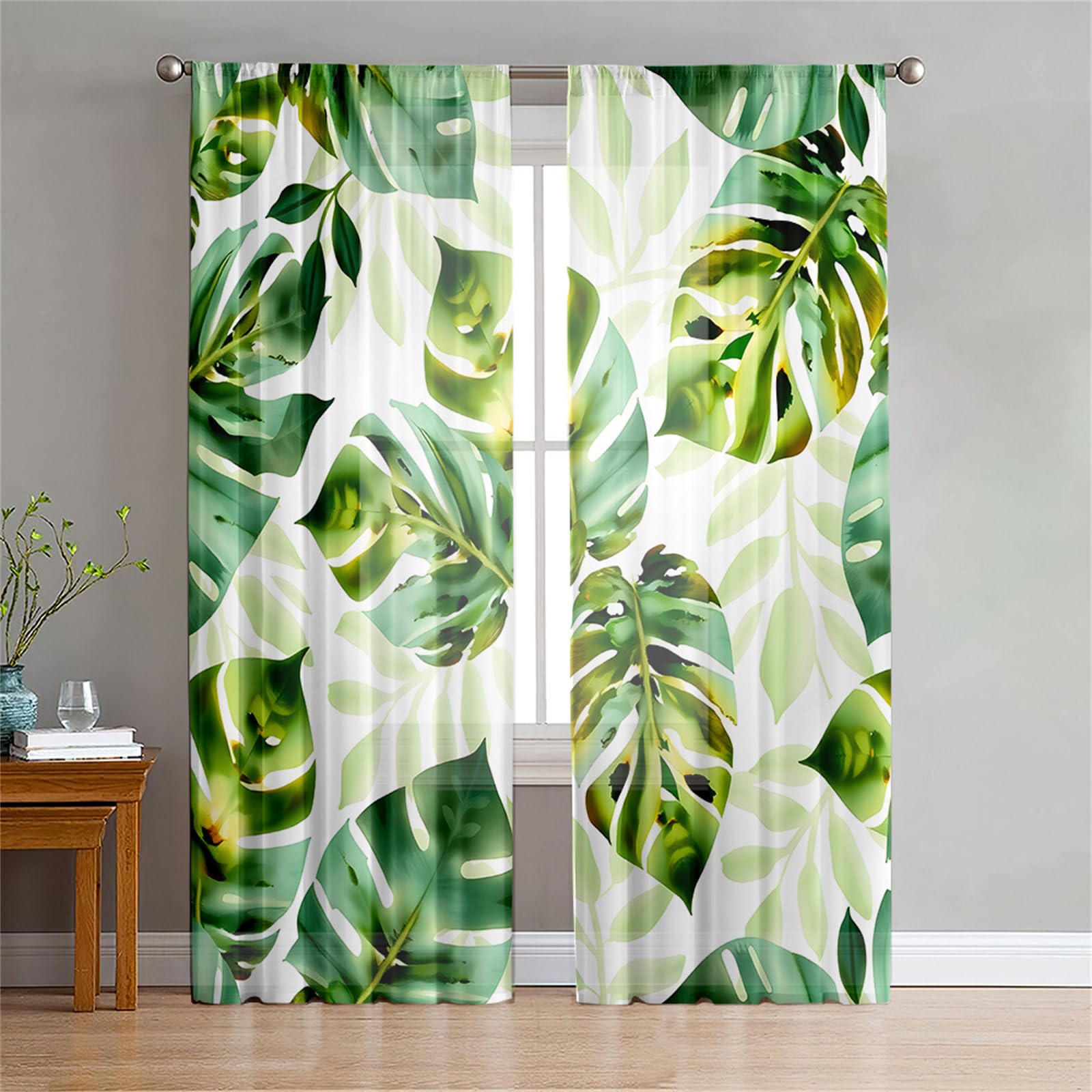 Surwin Net Curtains for Windows, Voile Curtain, 2 Panels Tropical Landscape with Eyelets, Semi Transparent Lightweight Voile Panel for Living Room Bedroom Balcony Decorative (Green 2,W132xH182cm)