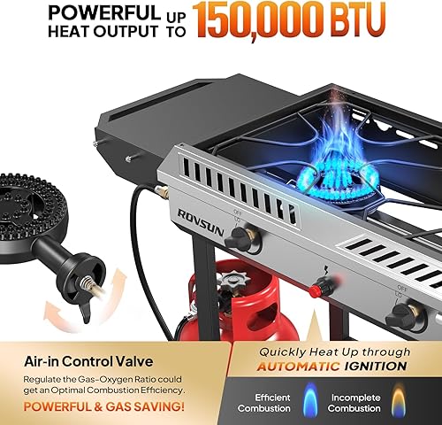 Miniatura 3 de ROVSUN Estufa de propano de 2 quemadores con encendido automático, estufa de gas de 150,000 BTU con estantes laterales, ruedas giratorias y