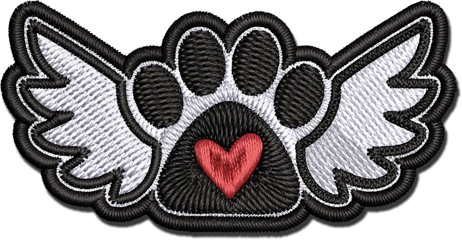 Paw Print Angel Wings with Heart Dog Cat Multi-Color Embroidered Iron-On Patch Applique - Large 3.5 Inch