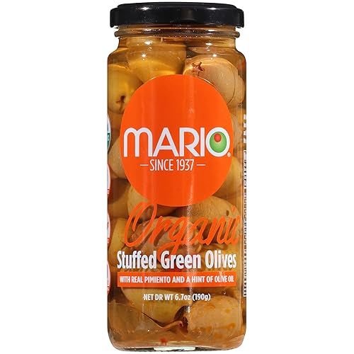 Mario Camacho Aceitunas verdes orgánicas rellenas con pimiento real y toque de aceite de oliva 67 onzas