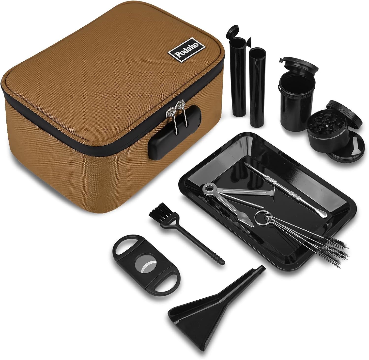 PODAHO Brown Smell Proof Bag with Combination Lock, Water-Resistant Organizers Carrier Case with 10 PCS Accessories, Portable Container Box, Great Gift for Friends, Medium.
