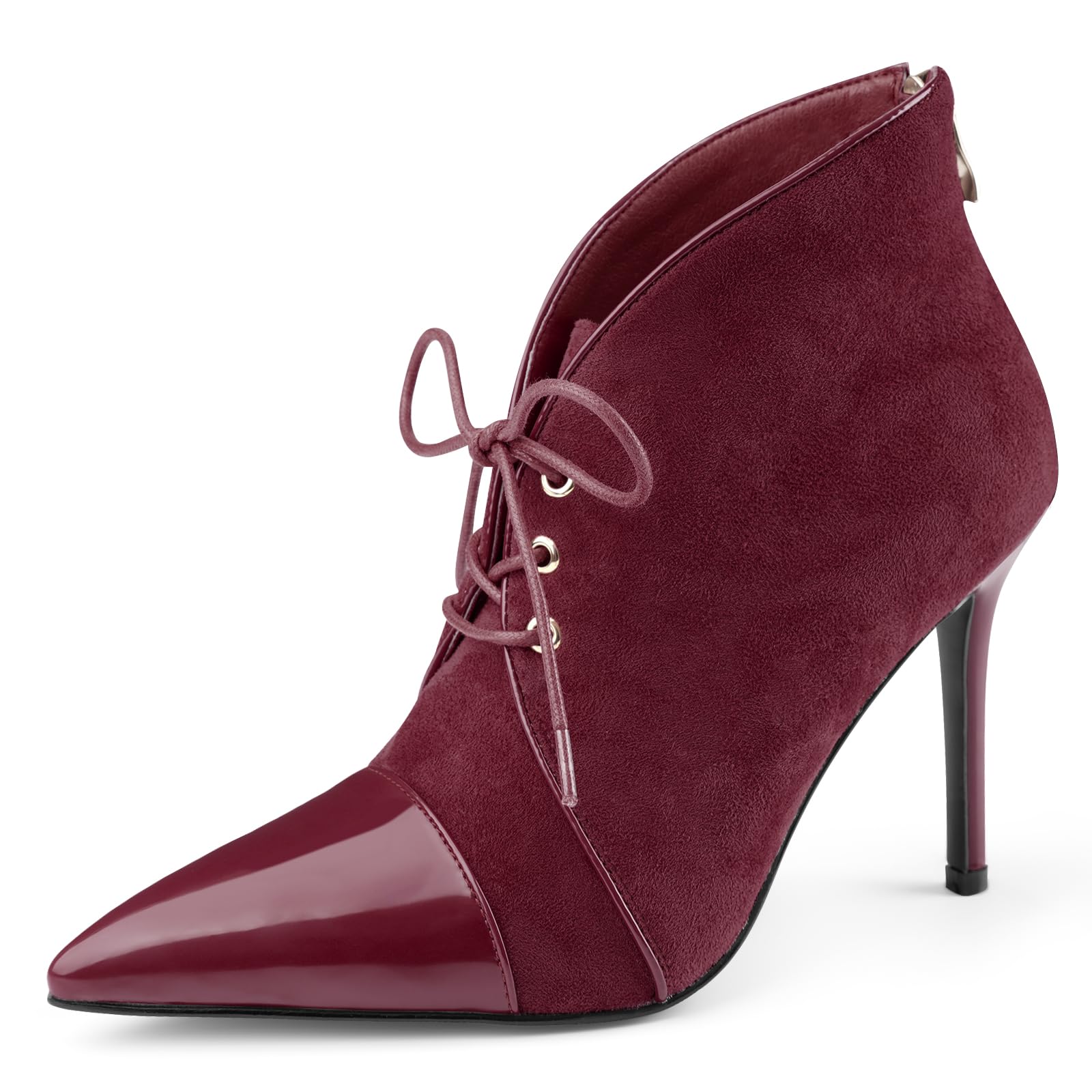 Oh Mispares Womens Pointed Toe Booties Stiletto Heel Lace up Back Zipper Suede Patent Leather Splicing Ankle Boots