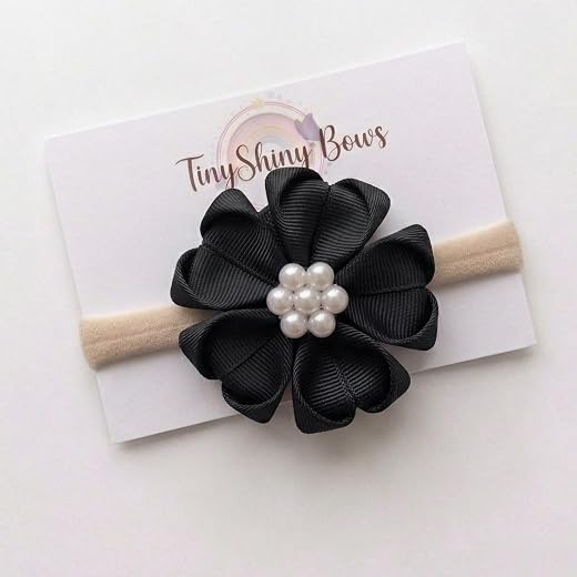 TinyShiny Baby Girl Flower Headband with Pearl Center – Soft Stretch Nylon Hair Band for Infants, Toddlers &amp; Kids (30+ Col...