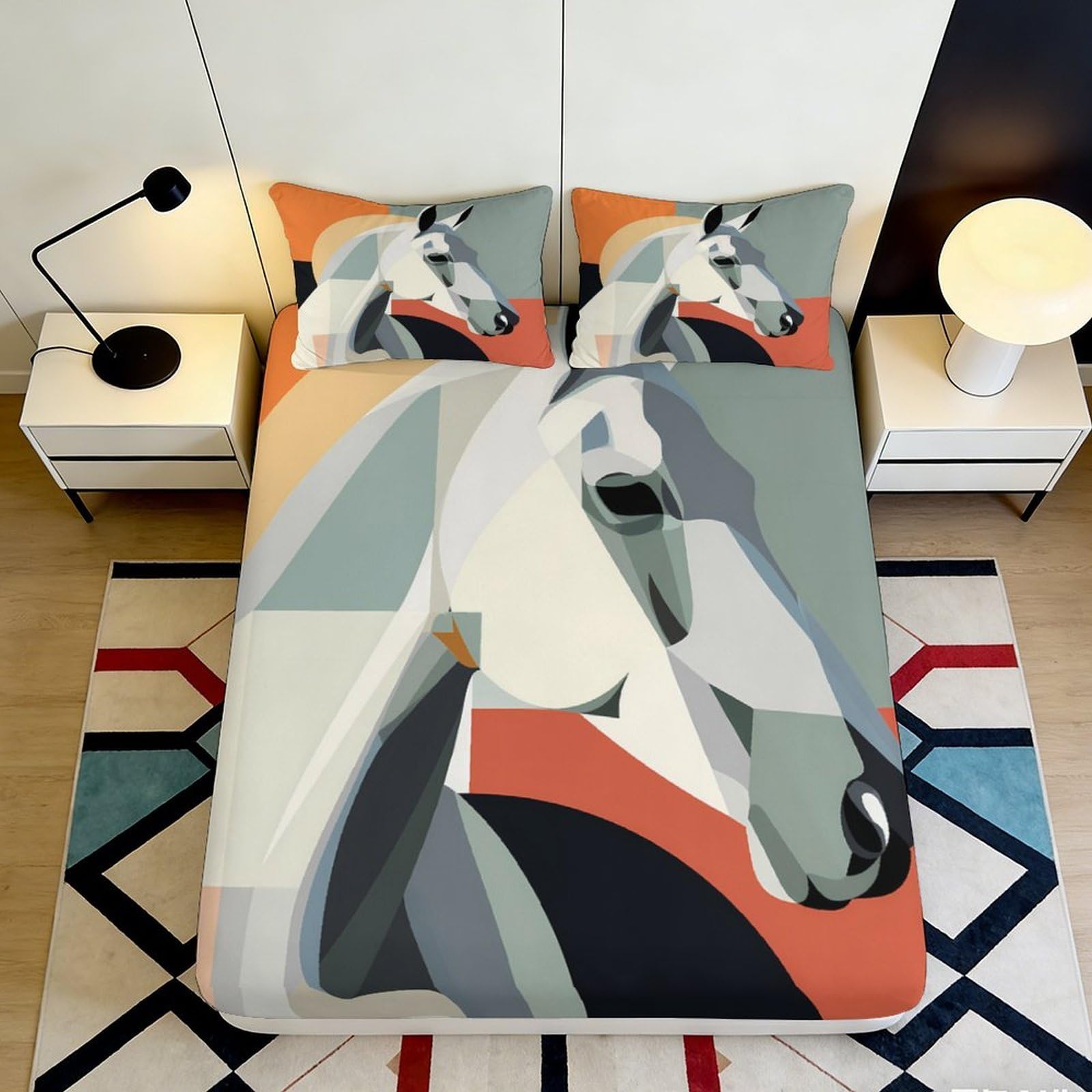 3D Printed Abstract Horse Fitted Sheet Microfiber Soft Non-slip Mattress Cover for Bedroom Dorm Decor Easy Care 200x200x25cm
