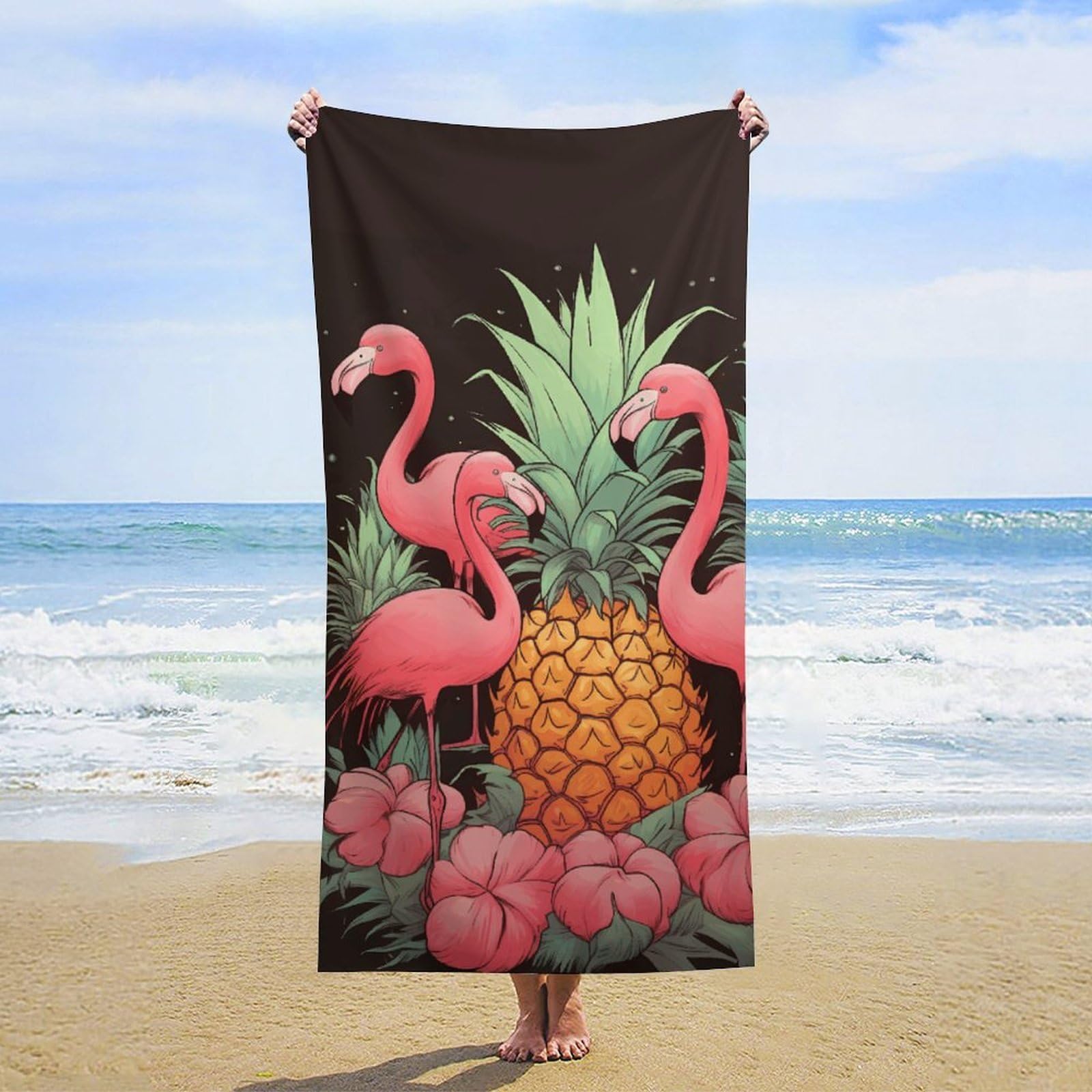 NTVOWPZO Pineapple Flamingos Beach Towel Oversized Microfiber Bath Towels Lightweight Sand Proof Beach Towels Absorbent Pool Towels for Swimming Yoga Bathroom Towel 31.5" X 63"