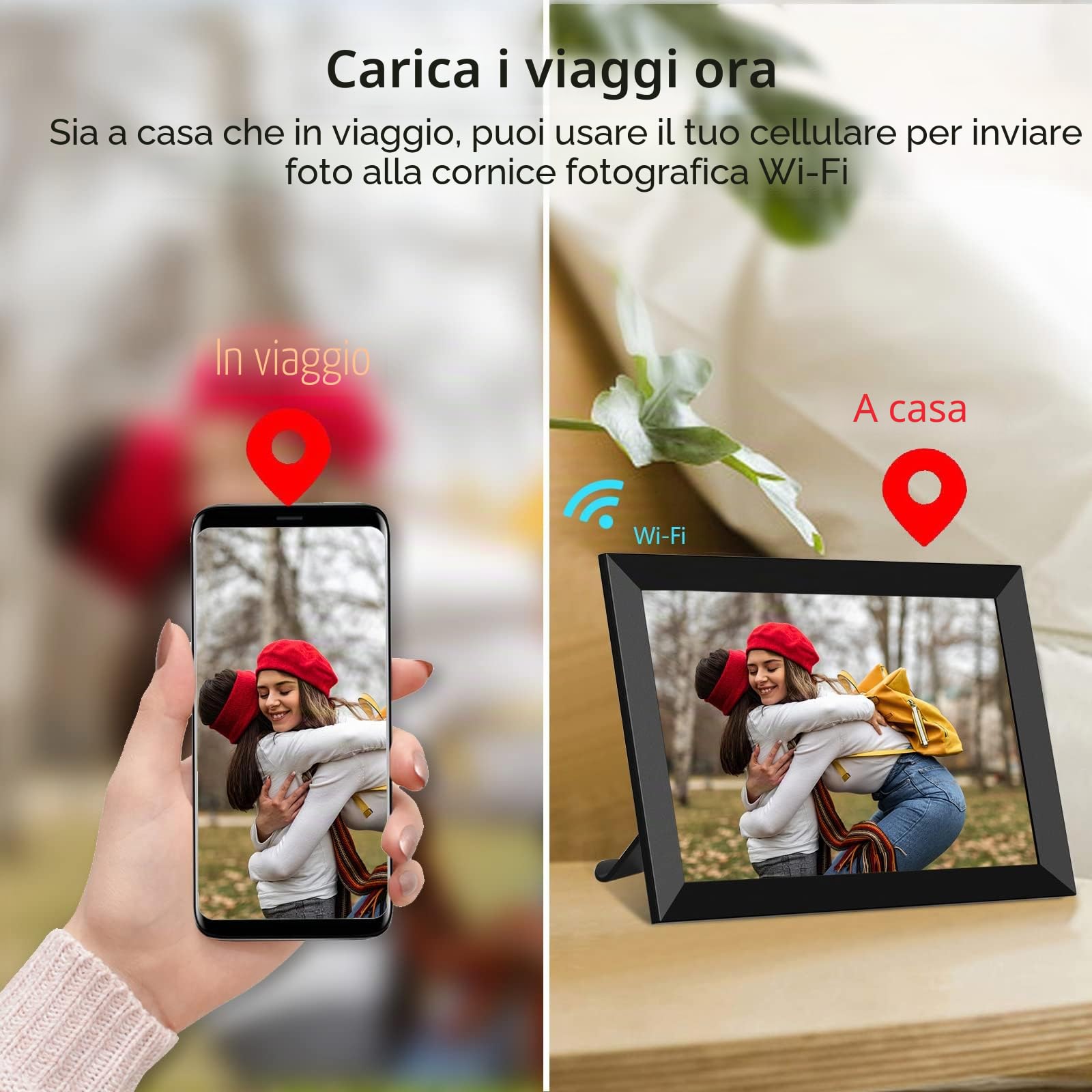 Cornice per foto digitale WiFi 10,1 pollici schermo touch screen LCD IPS 1280x800 memoria integrata da 32 GB rotazione automatica condividi momenti istantaneamente tramite l'app