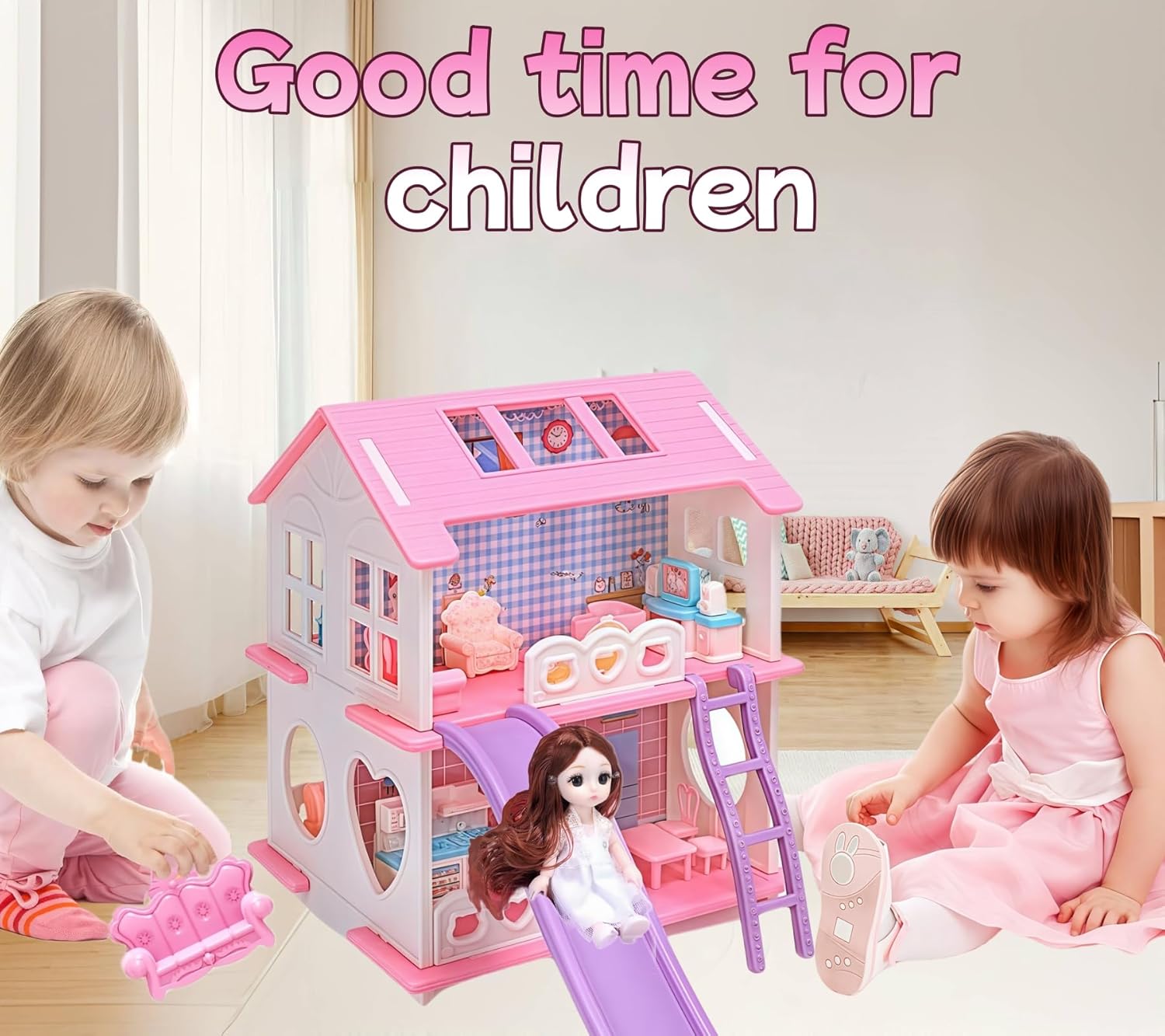 Dollhouse - Cute Style Dollhouse Toy with Light, Slides and Furniture Accessories, Ideal for Collectors and Hobbyists Who Love House Miniatures