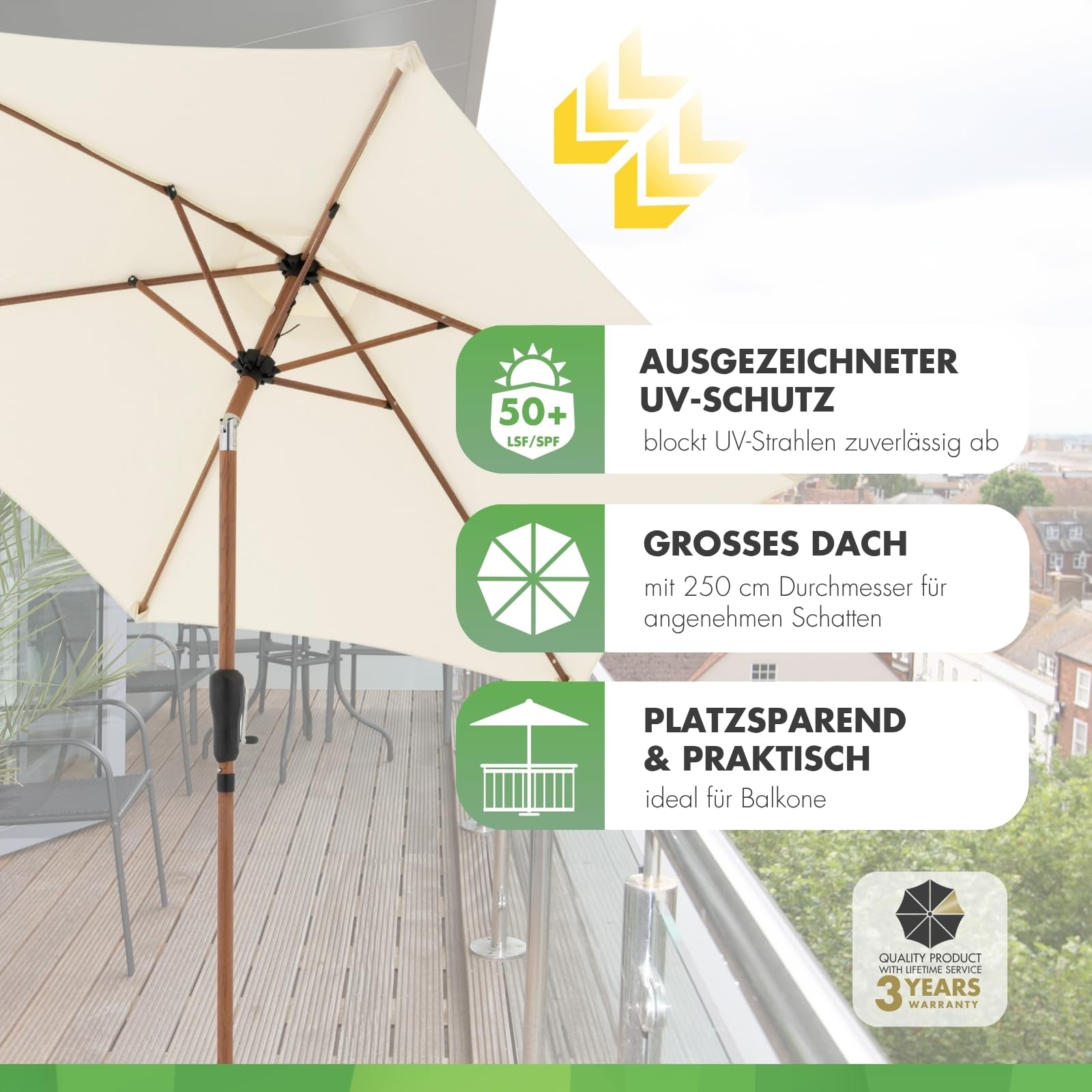 Doppler City Wood Balkonschirm, Mittelmast, 250 cm in verschiedenen Farben