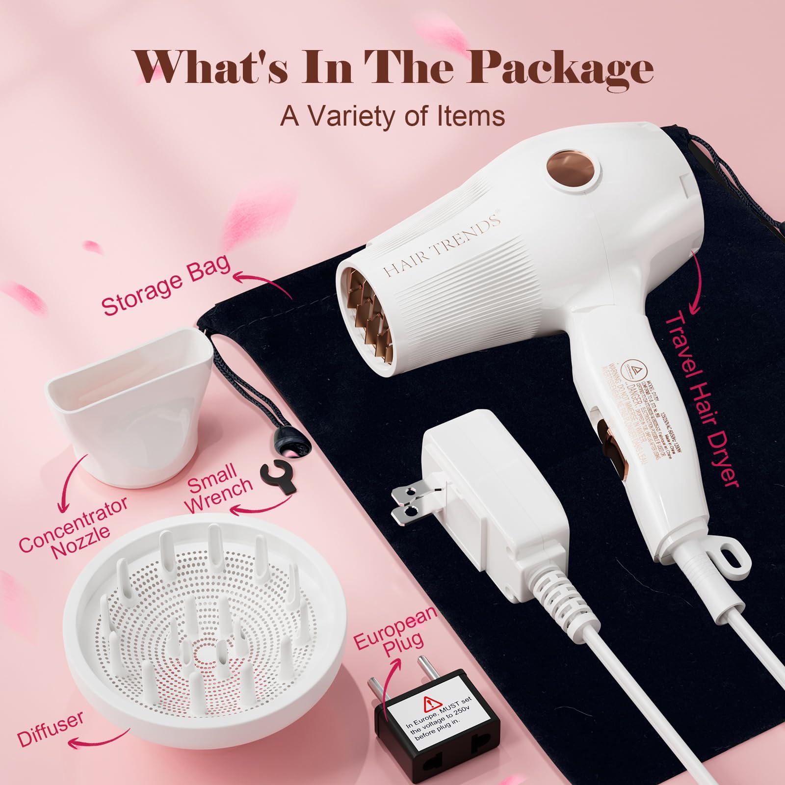 Mini Travel Size Coral Hair Dryer with Diffuser and Nozzle with a satin bag 323b8f6e-32cb-4849-8595-  main image 2