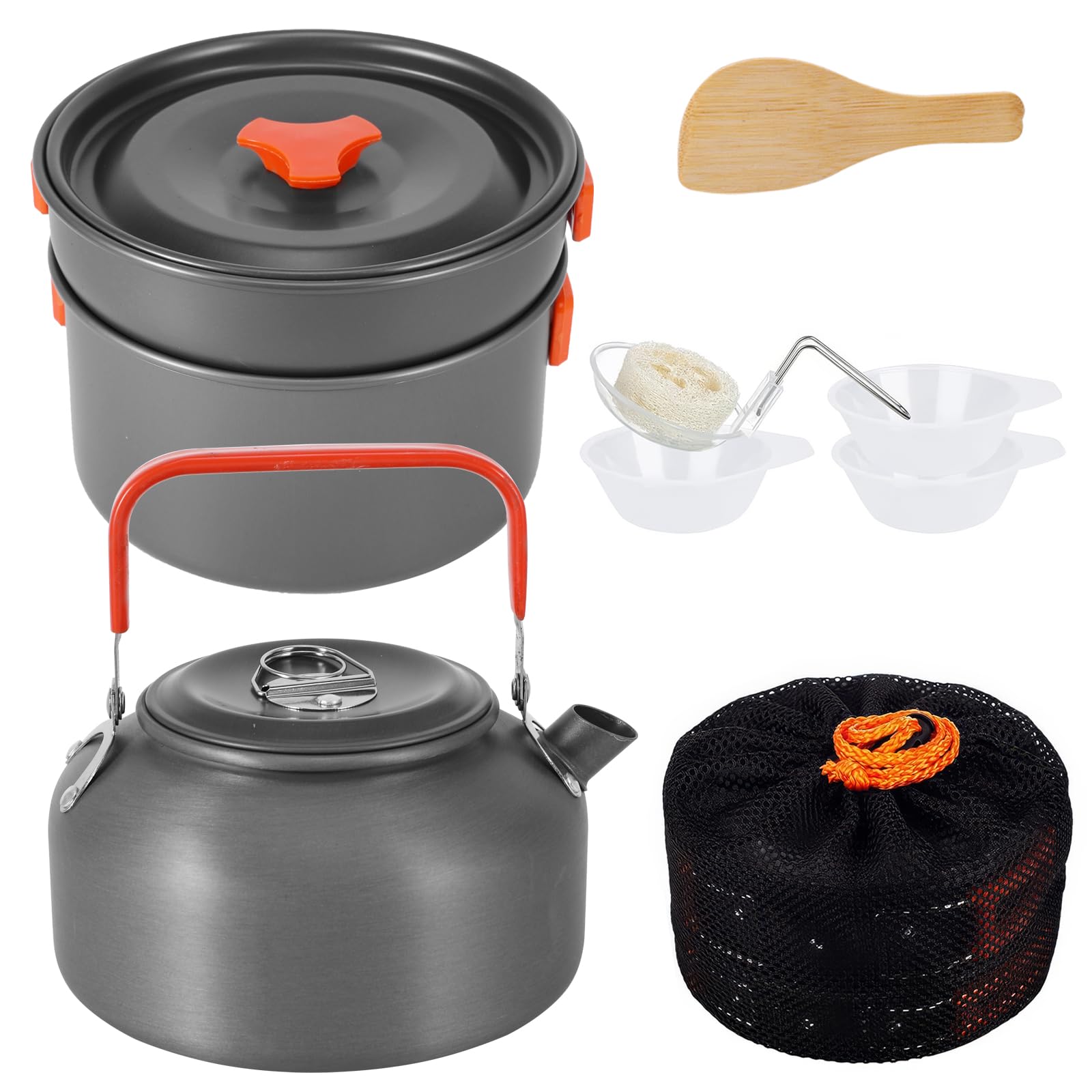ALLOMN Set da cucina da campeggio, kit di pentole da campeggio portatile con teiera per escursioni, picnic, trekking, picnic, pesca, alpinismo, 1-2 persone
