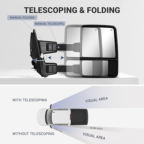 Vista 29 de HF AUTOPARTS - 2 espejos retrovisores laterales de repuesto con direccionales, LED alimentado con calor, resistentes, extensibles y plegables, un