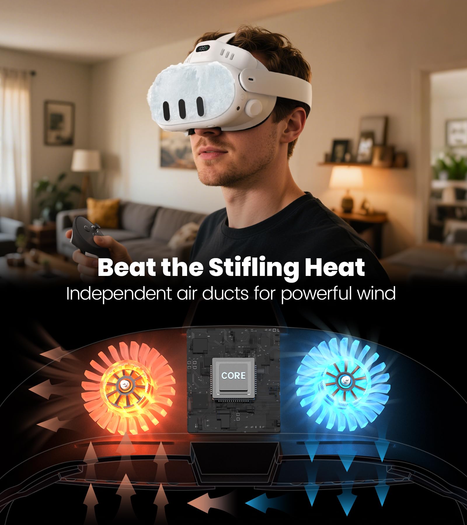 Ventilador de refrigeración doble, solo compatible con Meta/Oculus Quest 3, cojín facial a juego e interfaces faciales para antivaho, se adapta a la correa original para la cabeza