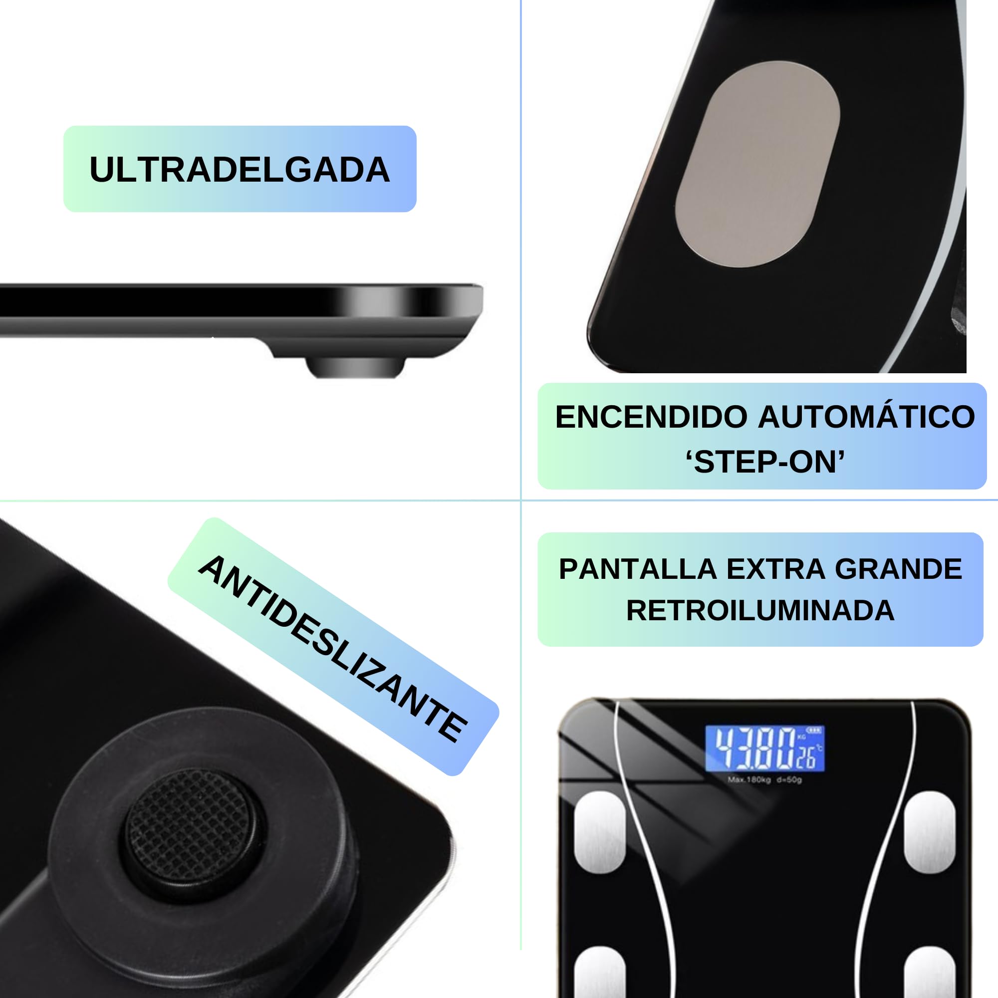 Báscula inteligente Bluetooth – Peso y% de grasa corporal – Análisis corporal completo en APP (IMC, músculo, agua, metabolismo) – Precisión profesional – Pantalla LED – Compatible móvil