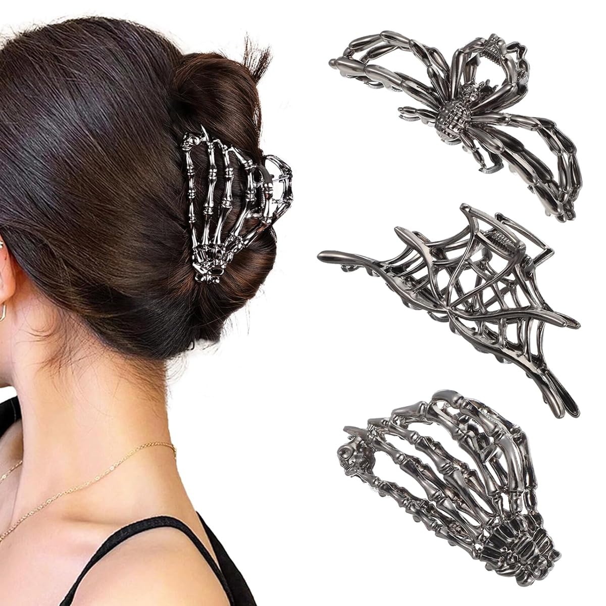 MAYCREATE® 3Pcs Gothic Hair Claw Clips for Women Girls, Skeleton Hand-shaped Punk Metal Claw Clip, Spider-shaped, Cobweb Metal Alloy Hair Clips Fashion Halloween Hair Accessories-image-13