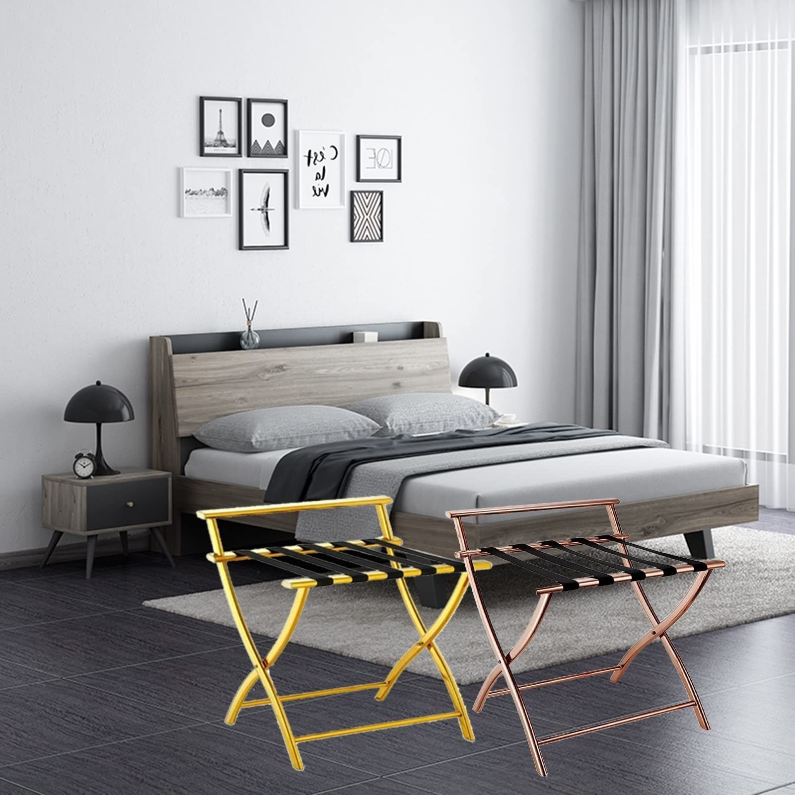 Portamaletas Plegable (2 Unidades) - Portaequipajes para Habitaciones de Hotel, Soporte para Maletas de Viaje, Soporte de Suelo de Acero Inoxidable, 52,8 x 45,7 x 52,Bronze
