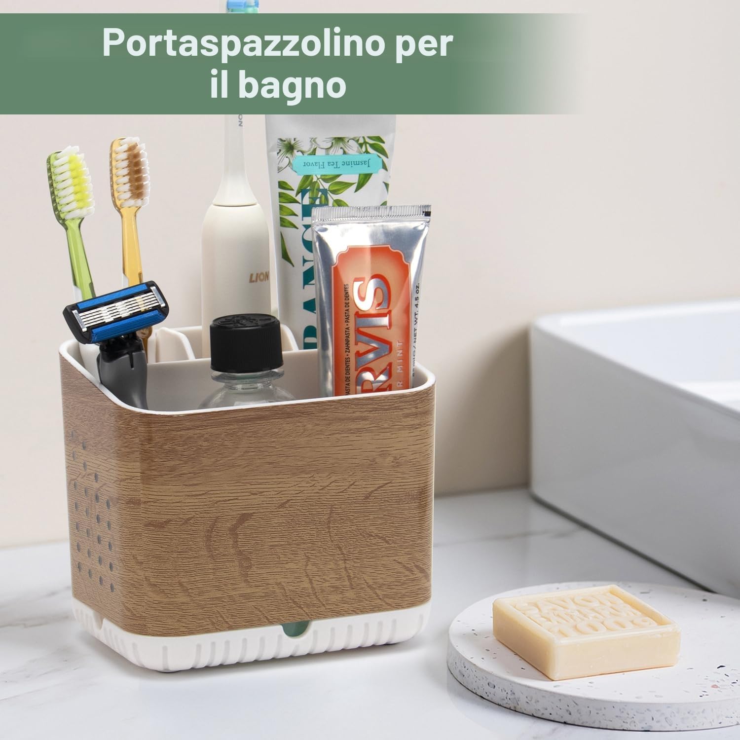 Porta Spazzolini Venatura del Legno Portaspazzolino Elettrico, Portaspazzolini con 4 Scomparti e fori di Drenaggio, Facile da Pulire Organizer Spazzolino Elettrico