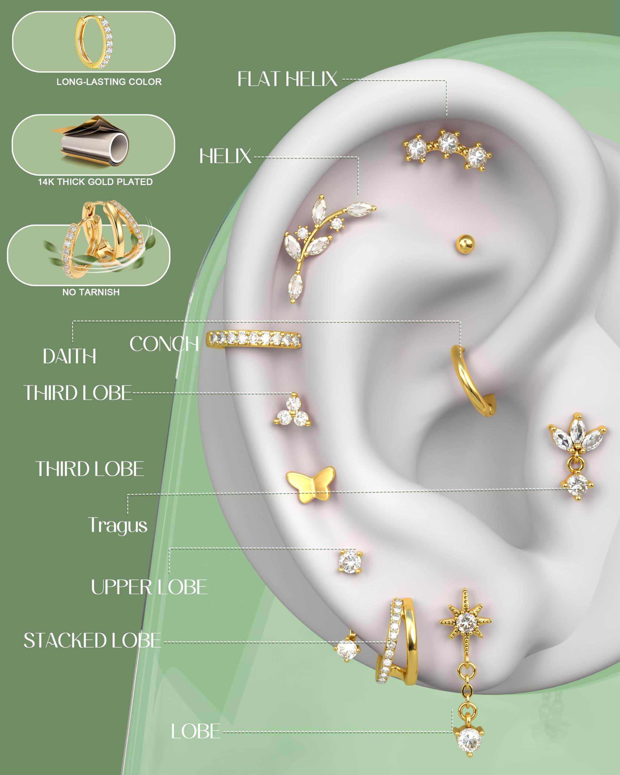27 Pezzi Helix Piercing Gioielli Orecchini in Acciaio Chirurgico con Parte Posteriore Piatta per Donne Helix Orecchini a Cerchio Set Trago Orecchino Cartilagine Argento Oro Conchiglia Daith Rook Trago