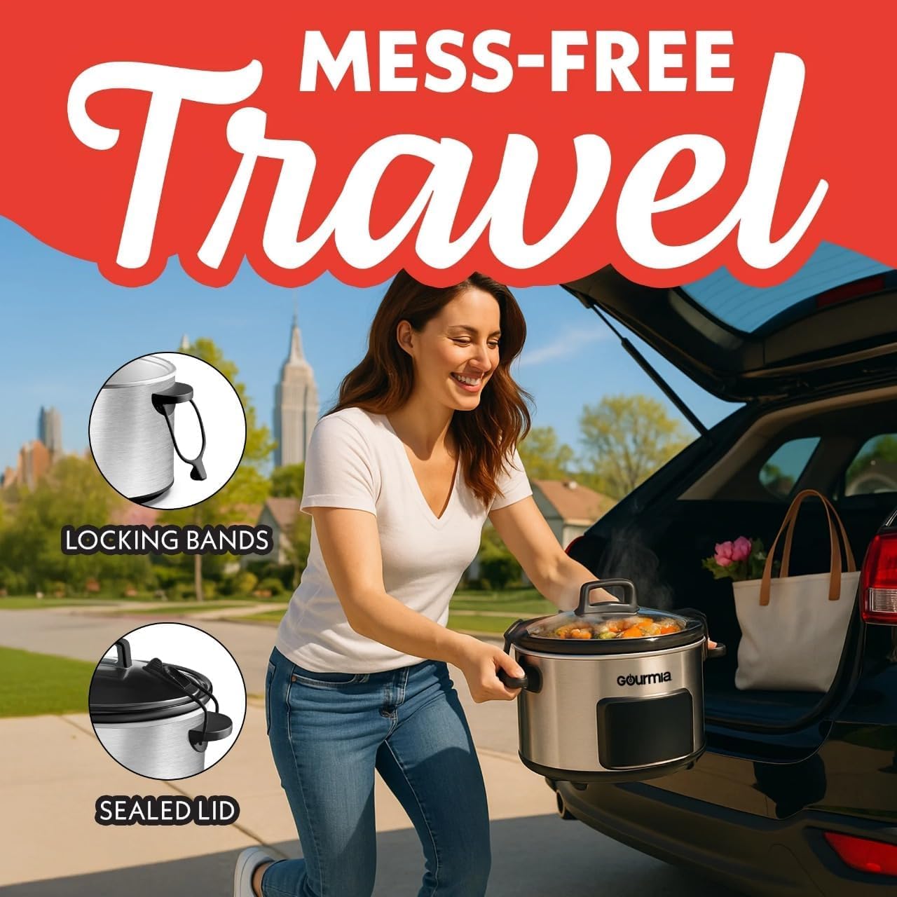 Diagram showing the components of the Gourmia GSC517 Slow Cooker, including the cooker base, ceramic pot, handles, locking bands, locking hooks, shatter-resistant glass lid, and touchscreen display.