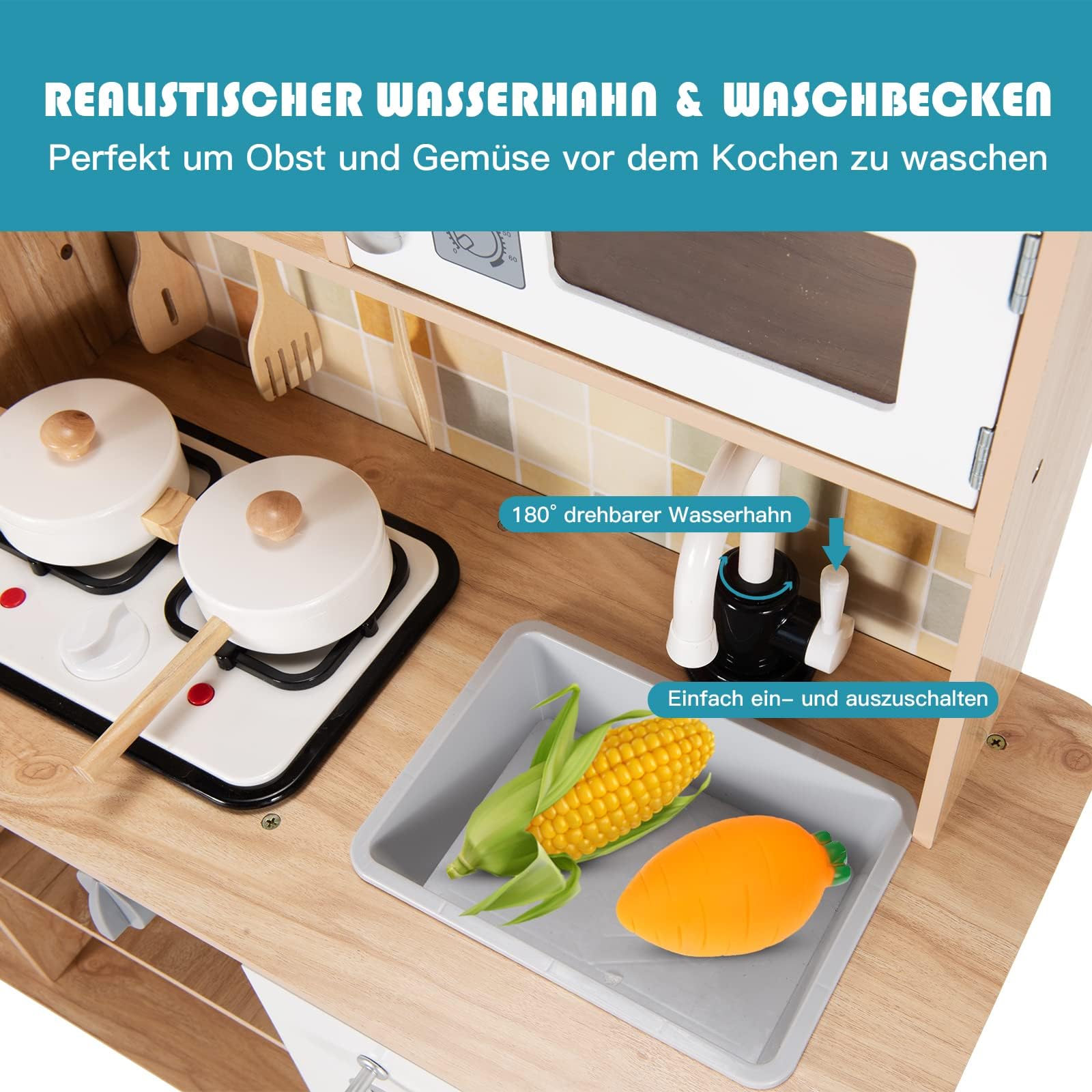 FANTASK Cocina infantil de madera para niños a partir de 3 años, cocina de juegos para niños con ganchos y estante desmontable, cocina infantil de madera con luz y sonido, 81 x 29 x 88,5 cm