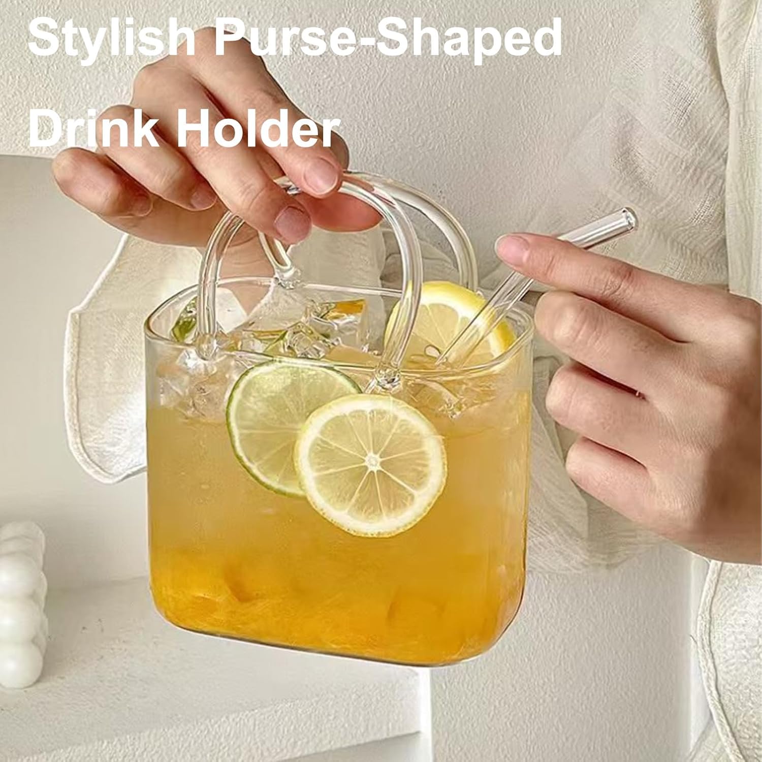 Glass Purse for Drinks with Straw – 26oz Clear Handbag Shaped Drinking Glass, Unique Cocktail Vase, Handcrafted Glass Purse, Perfect for Wine, Cocktails & Gifts (3pcs)