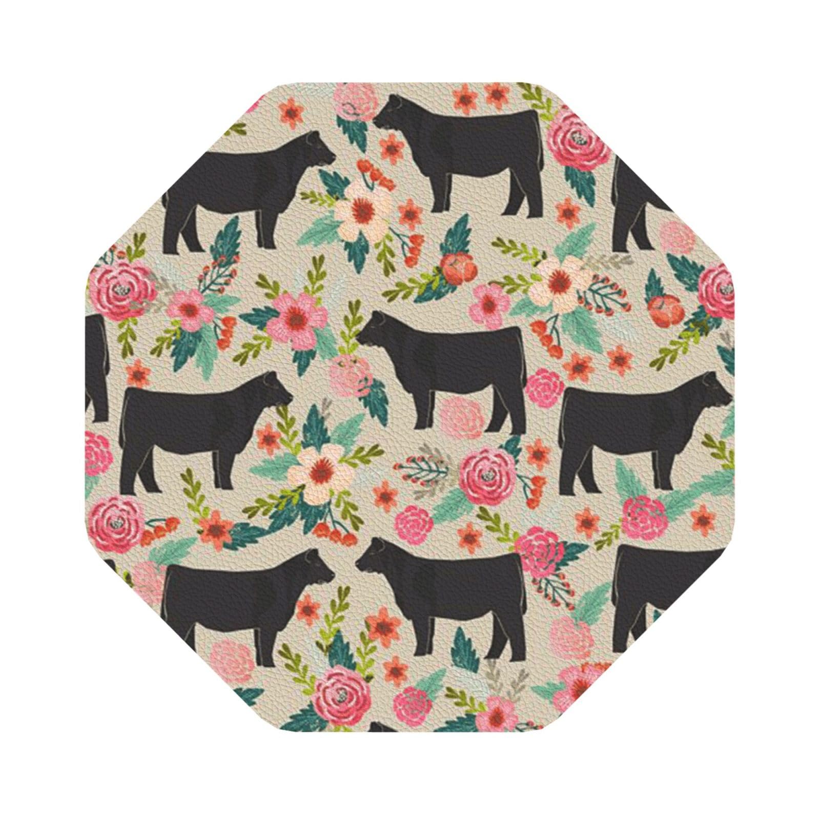 Pink Flower Show Steer Cows Cattle PU Leather Coasters Set of 6 Octagon Drink Coasters