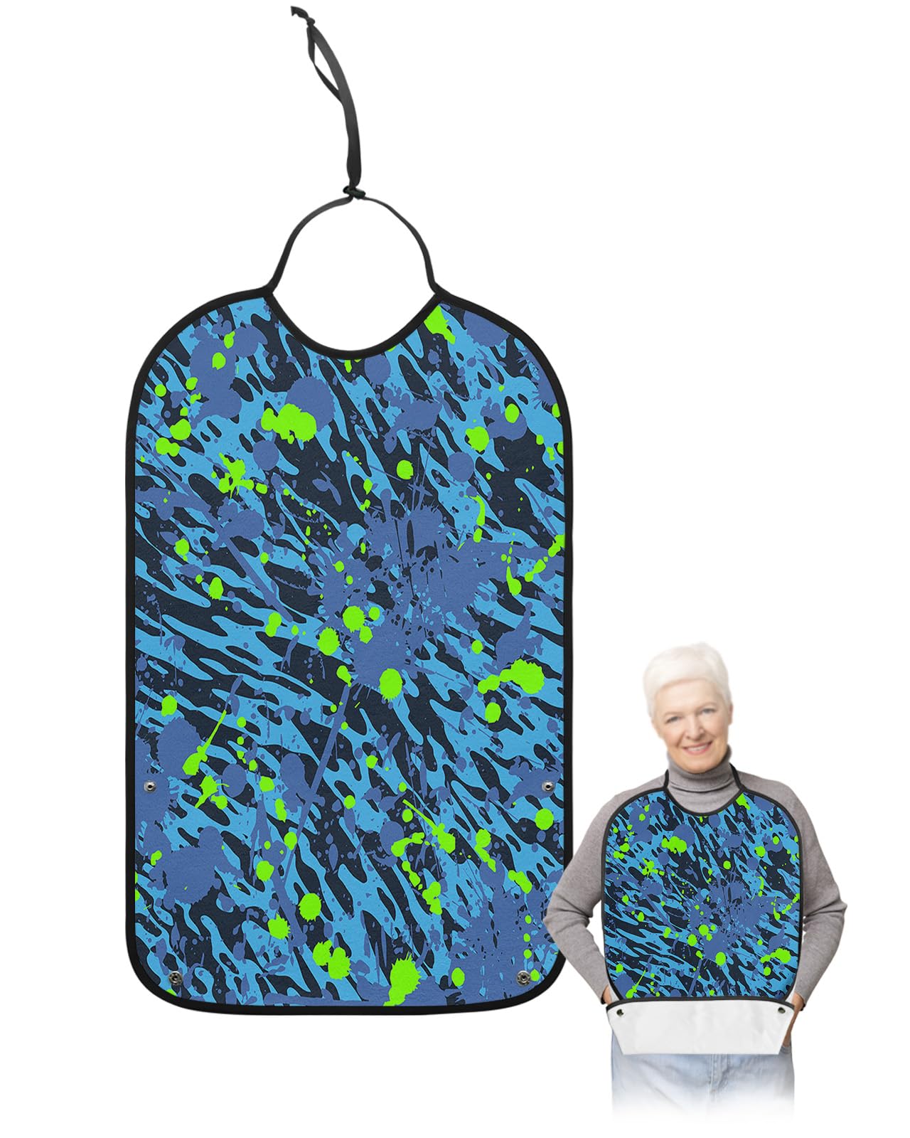 Kewadony Adult Bibs for Elderly Women - Blue Green Graffiti Waterproof Dining Clothing Protectors with Crumb Catcher for Eating/Feeding, Modern Abstract Art Geo Line Terry Cloth Bib Machine Washable