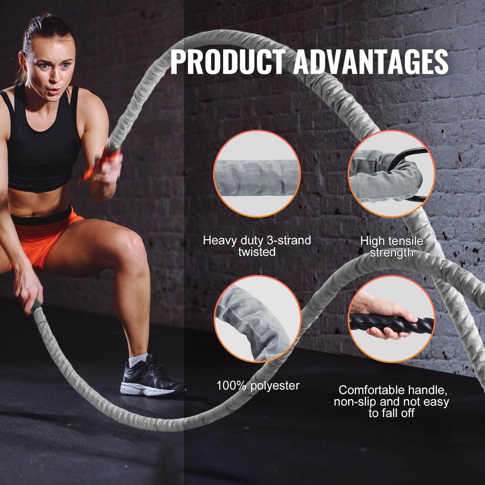 VEVOR Corde de combat, 38 mm, corde d'entraînement en polyester, 9,1 m, équipement d'exercice lourd avec manchon de protection et ancre, pour la salle de gym à domicile, renforcement musculaire, gris