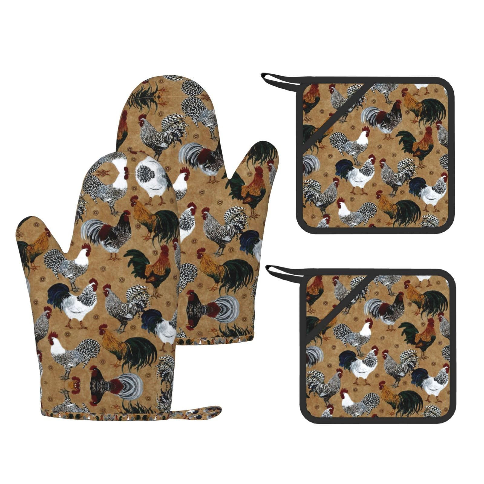 Shine Rooster Printed Oven Gloves and Hot Pads Set of 4, High Heat Resistant Silicone Mitts for Cooking BBQ