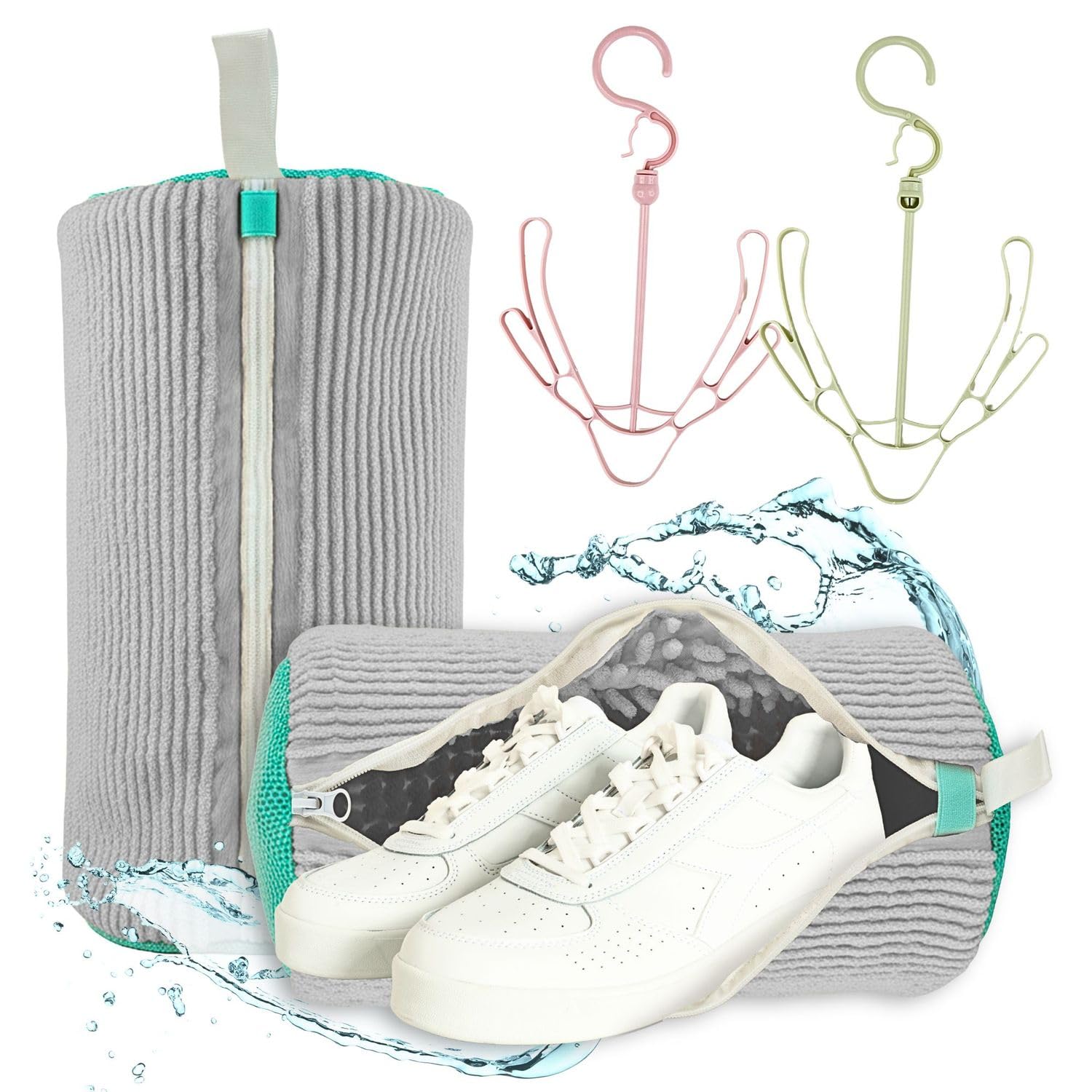 2Piezas Bolsa para Lavar Zapatillas En Lavadora + 2 Ganchos para Colgar Zapatilas | Bolsa Lavadora Zapatillas | Resistente para Proteger Calzado | Ideal para Lavado Seguro. (Grises)
