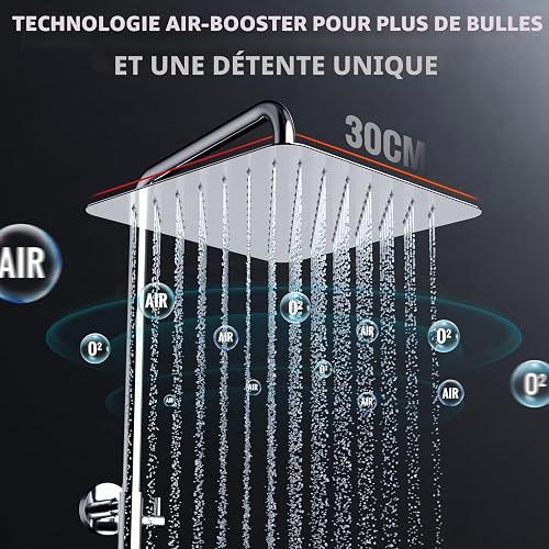 Rainsworth Kit de barre de douche réglable chromée, 30,5 cm carrée en acier inoxydable à jet de pluie, douchette à main avec 3 types de jet, ensemble de douche à hauteur réglable sans robinet - 5