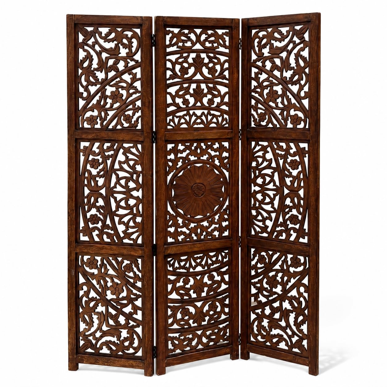 3 Panel Hand Carved Room Divider, Solid Mango Wood Folding Privacy Screen, Partition Screen for Living Room, Bedroom, Office, Home Décor, Brown Wash Finish, 65 x 60 Inches-picture-31