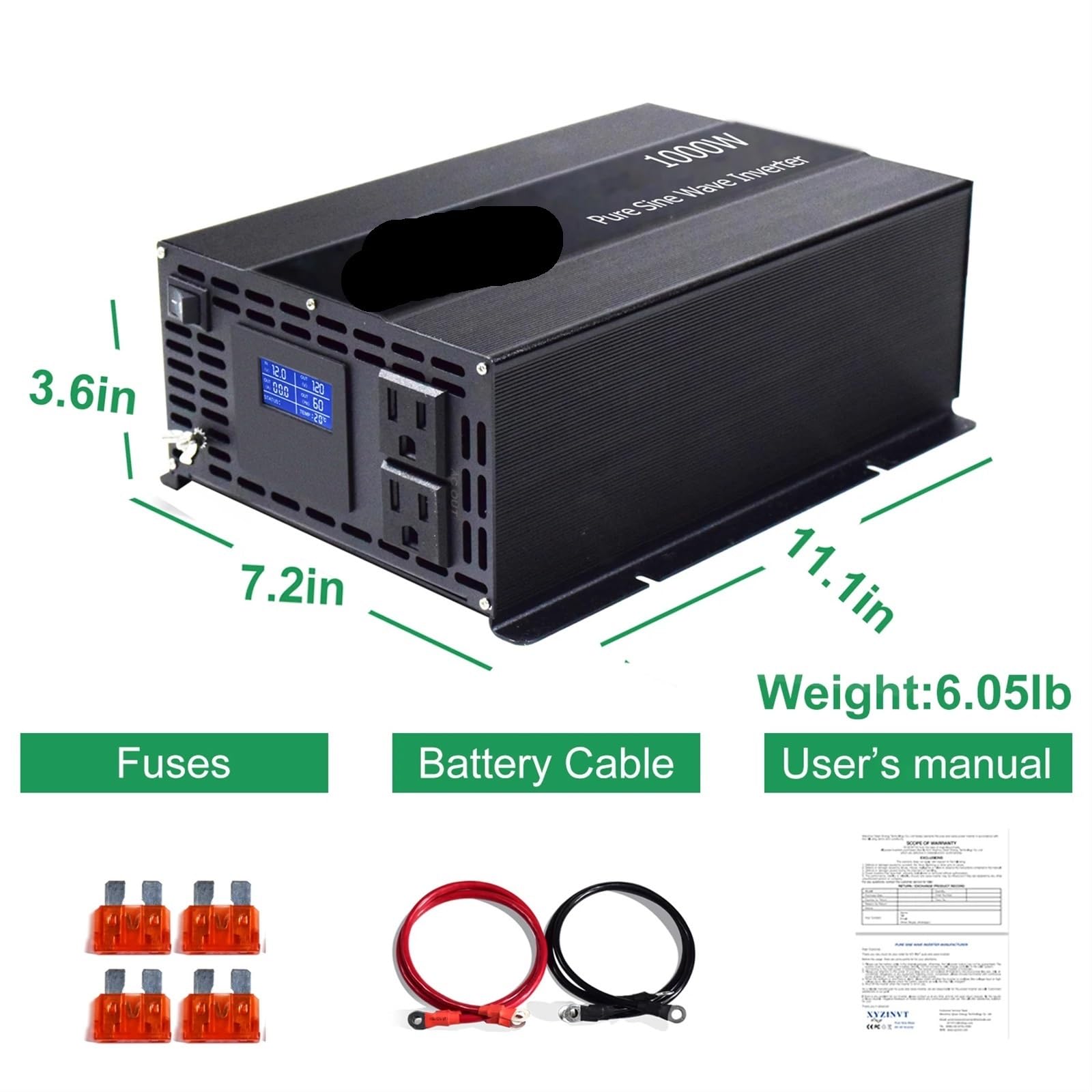 Przetwornica napięcia, Inwerter solarny o mocy szczytowej czystej fali sinusoidalnej 2000 W, konwerter DC na AC o mocy 1000 W, 12 V/24 V/36 V/48 V, wyświetlacz LCD Do samochodu, kempingu, podróży(36V)