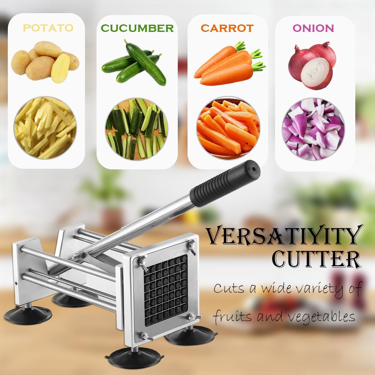 French Fry Cutter, Manual Potato Cutter with 1/2-inch and 3/8-inch blades for cutting potatoes and vegetables