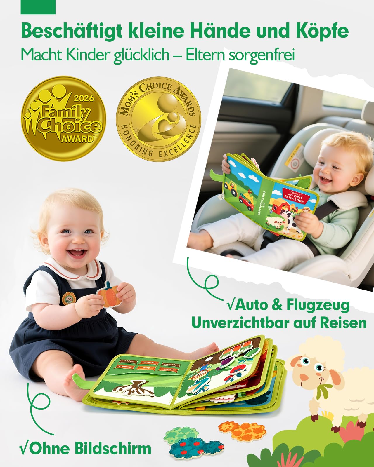 hahaland Montessori Spielzeug ab 1 Jahr – Bauernhof Thema Quiet Book, 20-in-1 Busy Board Weichem Filz für Frühe Bildung, Busy Book für Autofahrt, Spielzeug ab 1 2 3 Jahre, Geschenk zum 1 Geburtstag