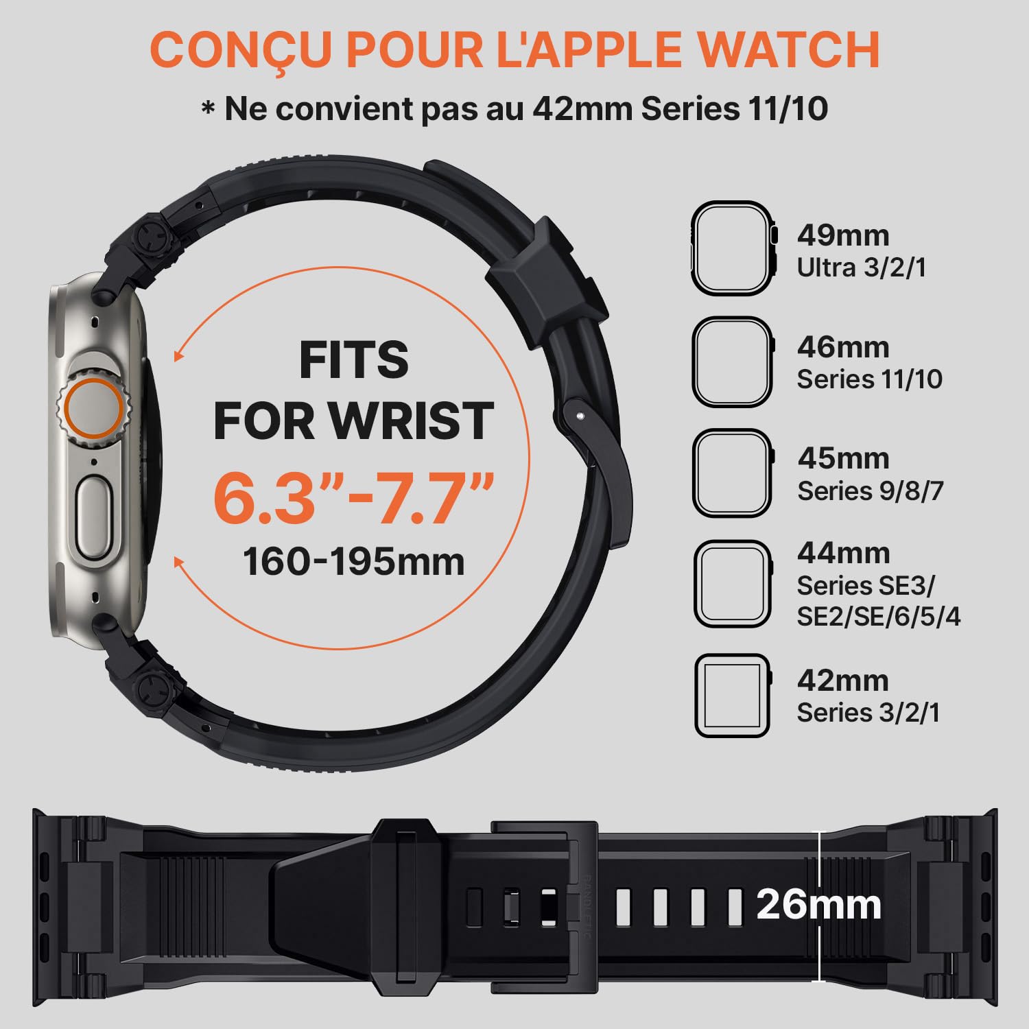 Bandletic Bracelet Compatible avec Apple Watch 49mm 46mm 45mm 44mm 42mm | Band rechange Robuste FKM avec élégant connecteur Métallique pour iWatch Ultra 3/2/1 Series 11 10 9 8 7 SE 6 5 4 3 2 1, Noir