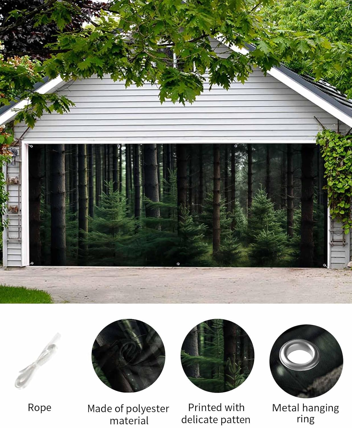 Washable Modern Garage Door Decorations Reusable Hanging Garage Door Banner Cover Summer Forests Pine Trees Green Garage Backdrop for Indoor Outdoor Decor, 84x192 Inch