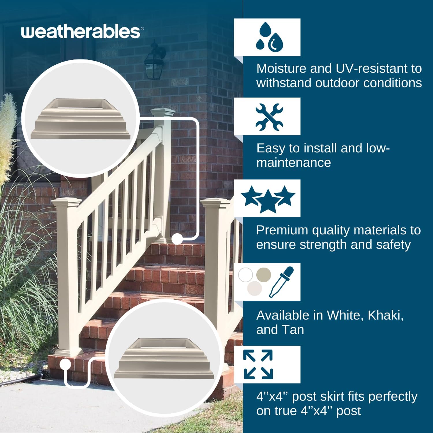 Weatherables 4x4 Post Skirt – Weatherproof Premium Vinyl Post Skirt with Easy Slide on Installation on Patios, Porches, Mailbox Posts, or Vinyl Fence Post (Khaki)