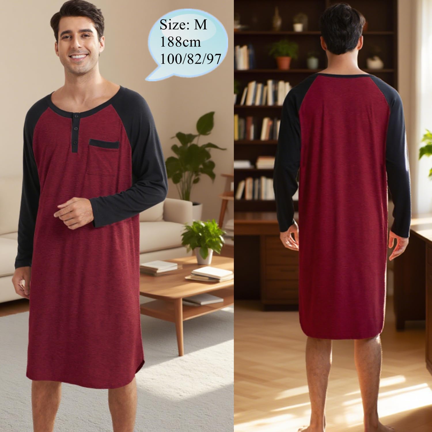 Enjoyoself Chemise de Nuit Homme Hauts de Pyjama Tee-Shirt Longueur Genou Manches Longues Col V avec Boutons Vêtements d'Intérieur Douce Confortable Grande Taille M-4XL