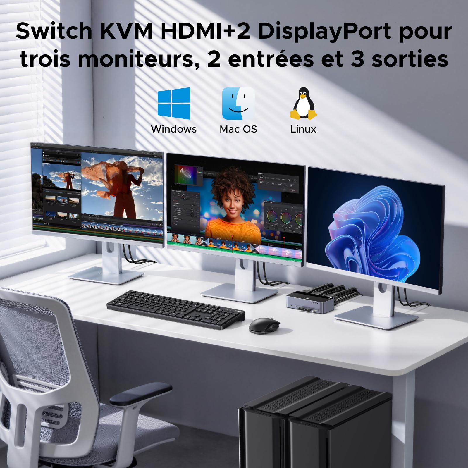 UGREEN Switch KVM HDMI+DP 2 Entrées 3 Sorties 8K 60Hz pour 2 Affichage | Commutateur KVM USB 3A +1C 3.0 5Gbps pour Clavier Souris Disque Dur Contrôleur de Bureau Câbles HDMI+DP+USB Inclus