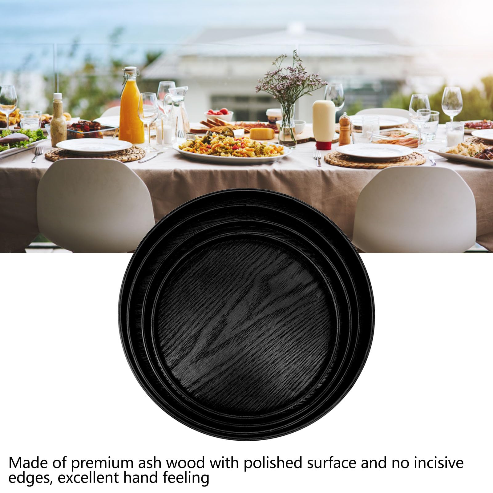 Bandeja de madera negra para servir, antideslizante, a prueba de derrames, multifuncional, redonda, para restaurantes, hogar y fiestas, y elegante accesorio de cocina