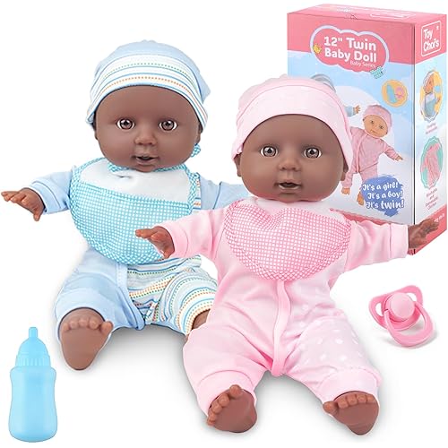 Toy Choi's Twin Baby Dolls - 12 inch Two Soft Black Body Babydoll with Rompers, Hat and Pacifier, Doll Bibs, Dolls Play Set for 2 3 4 5 Year Old Boys and Girls Gift