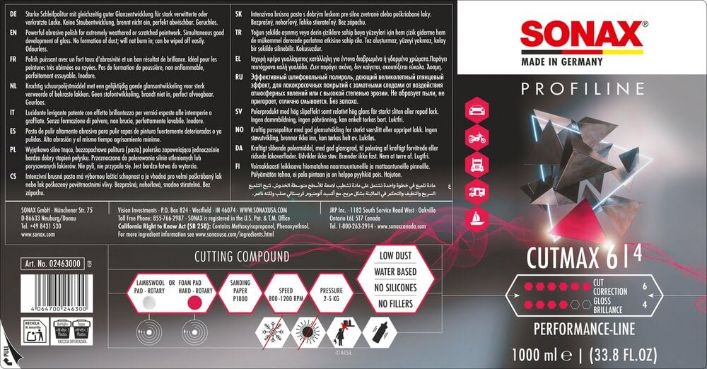 SONAX PROFILINE Cutmax (1 litr) – wysokowydajny lakier ścierny do lakierów wyblakłych i porysowanych. Bez silikonu | nr artykułu 02463000