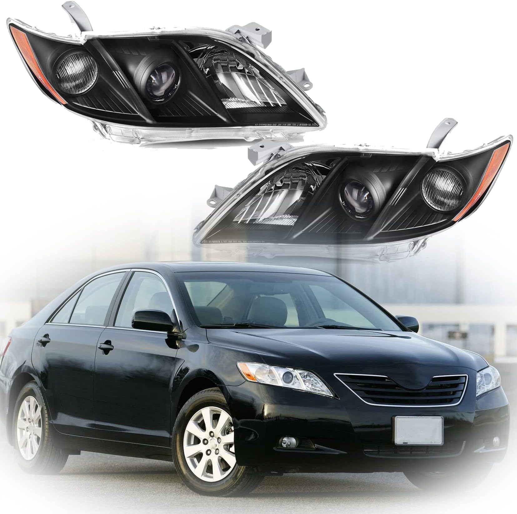 Halogen Headlights Assembly Amber Reflector Black Housing Clear Lens Replacement for 2007-2009 Camry Passenger and Driver Side