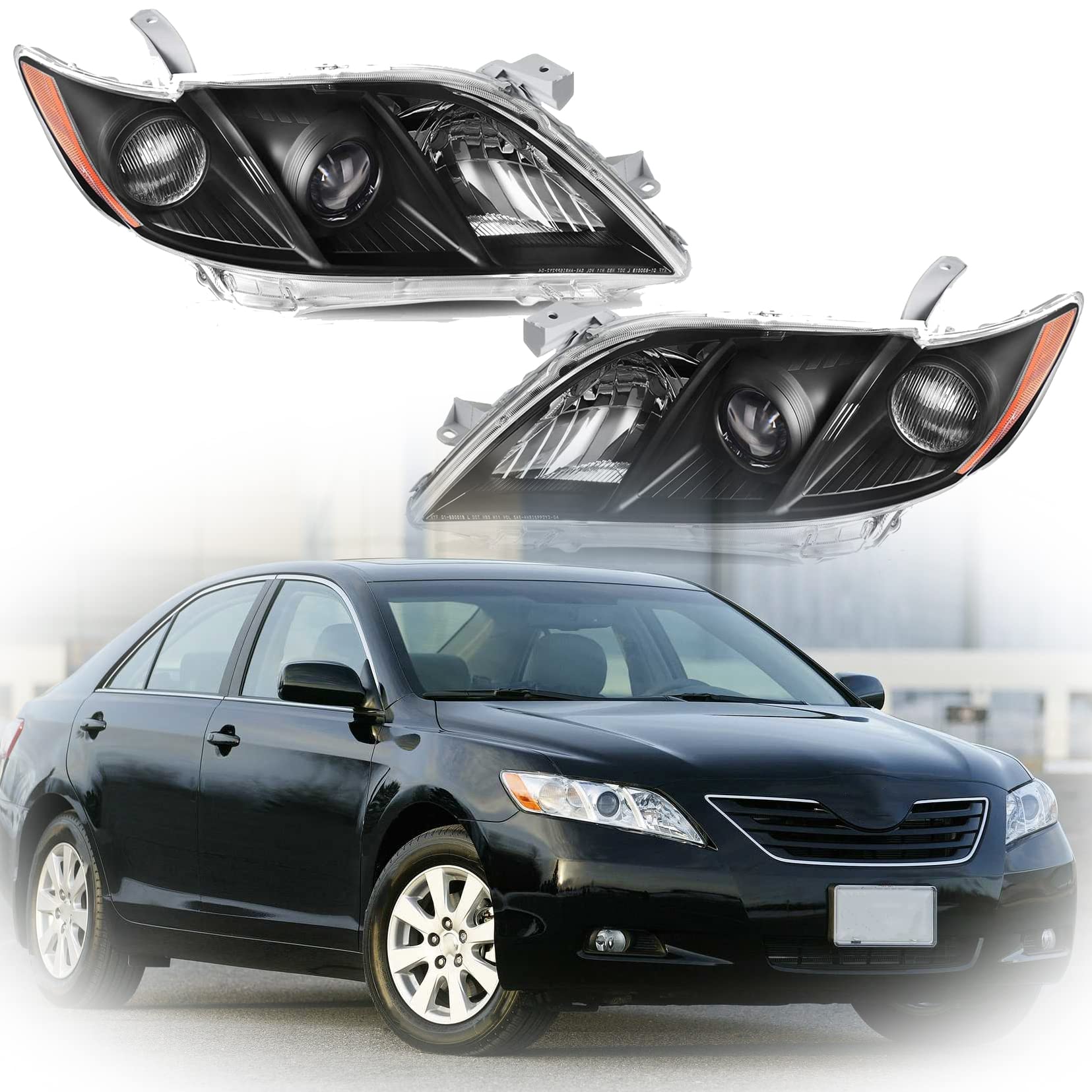 Halogen Headlights Assembly Amber Reflector Black Housing Clear Lens Replacement for 2007-2009 Camry Passenger and Driver Side