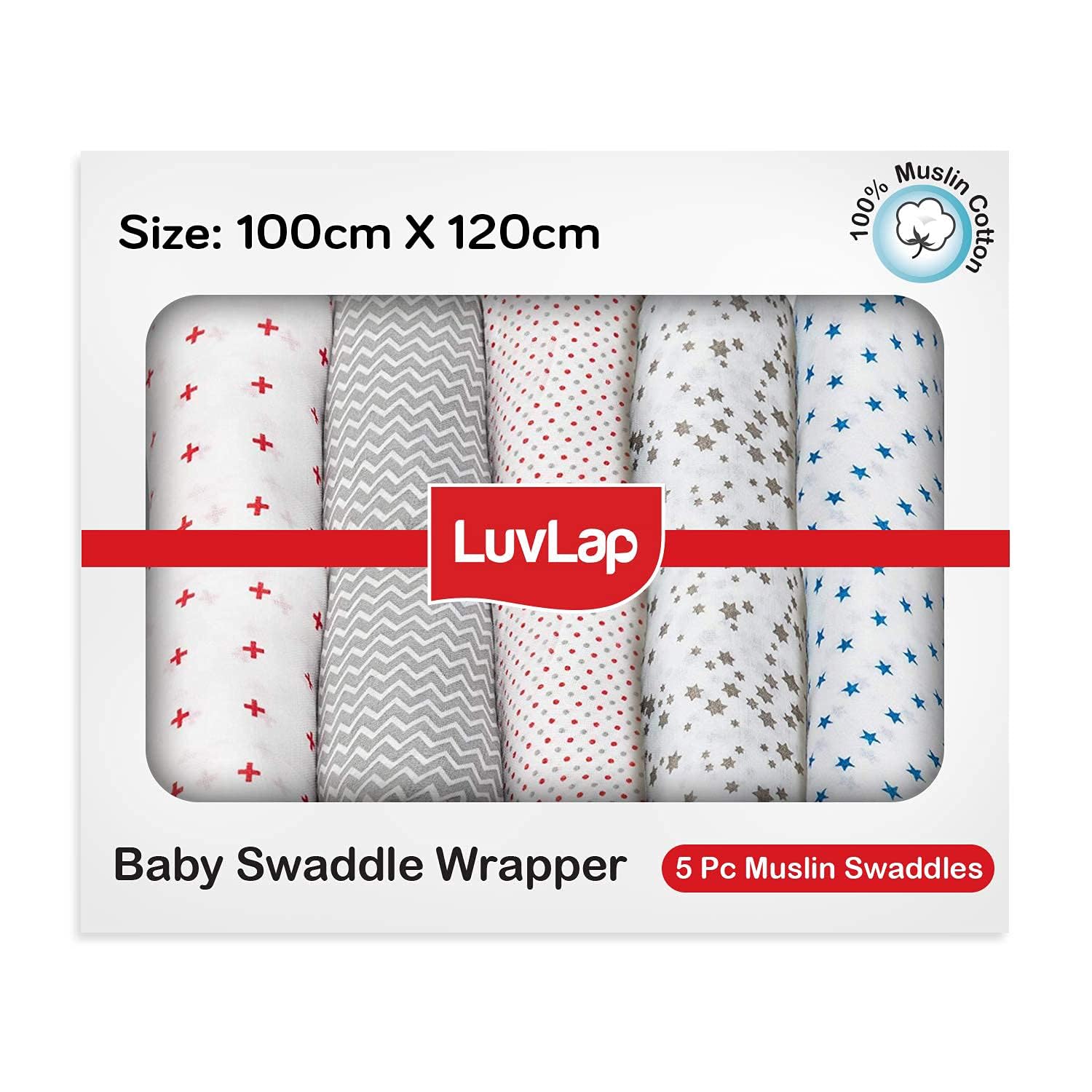 LuvLap Muslin Swaddle Set - 5 Pack Newborn Baby Wrap -18