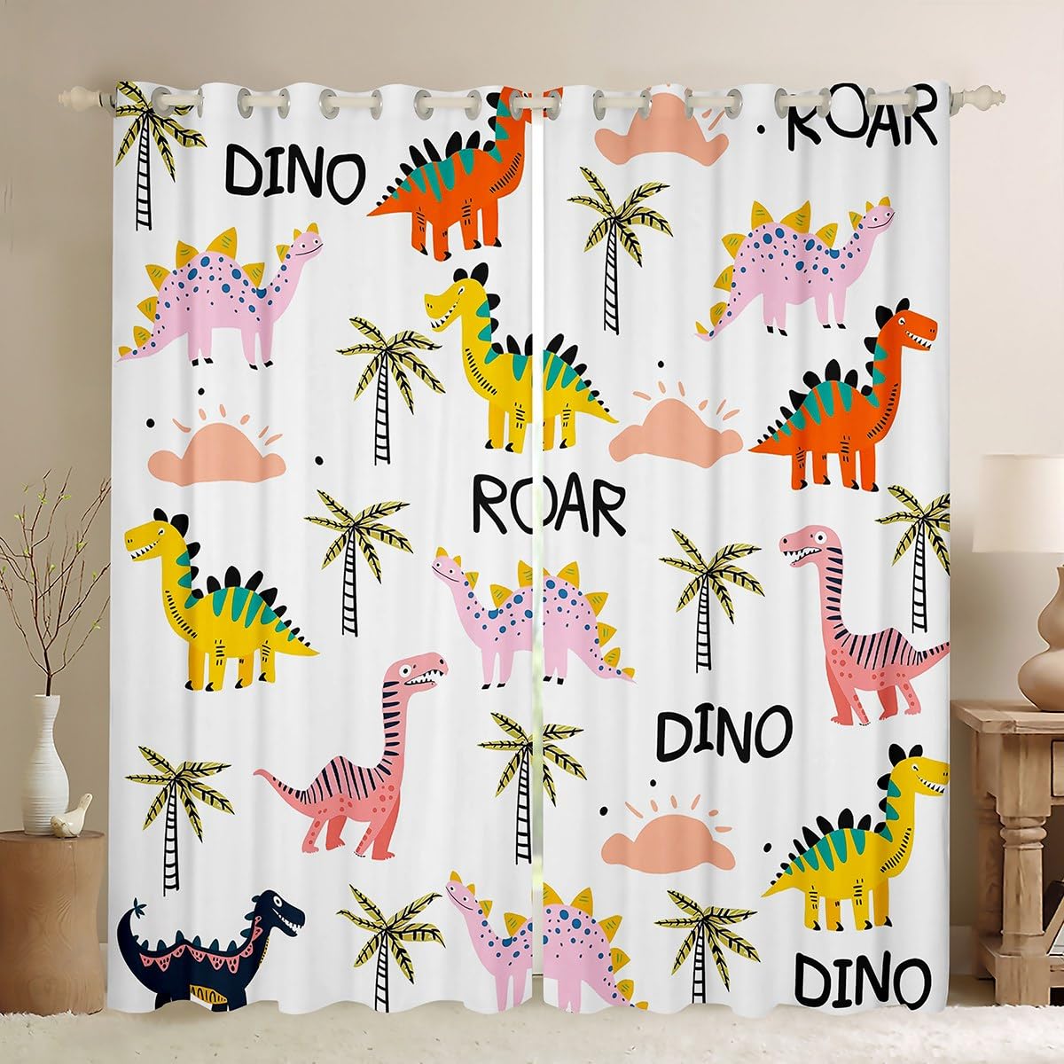 Homewish Rideau Occultant 117x183 cm Les Dinosaures,Rideau Animaux de Dessins Animés,Rideaux Voilage Plante de Palme Tropicale,Voilage Fenetre Enfant Garçons Filles Adultes Botanique pour Chambre