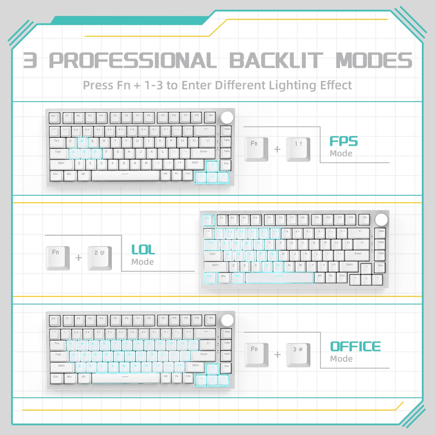 YINDIAO Ajazz AK820 Teclado Mecánico con Perilla,Diseño 75% ANSI,82 Teclas,Teclado para Juegos con Cable,5 Espumas Absorbentes de Sonido,Hot-Swap,Interruptor Azul,Luz Azul Hielo,para PC,Mac (Blanco) — view 8