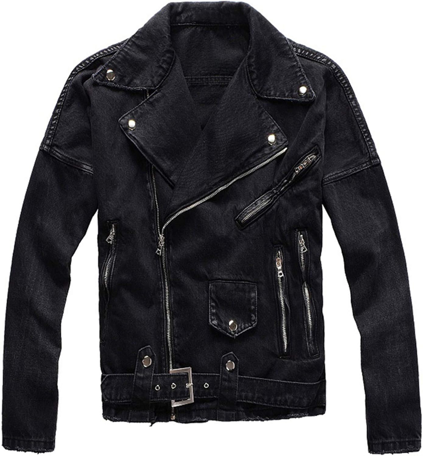 Yiqinyuan Men's Zippers Black Biker Jean Jacket Streetwear Thick Denim Slim Coat With Belt