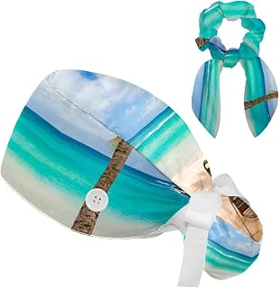 FVQL 2 Pieces Surgical Cap for Long Hair Scrub Cap with Hairband Nurse Cap, Beach and Lounge Chair Pattern